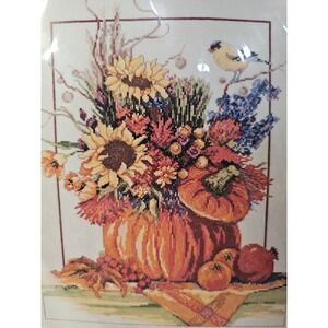 Janlynn Fall Floral 12x16 Counted Cross Stitch 023-0604 NEW Pumpkin Leaf Bird